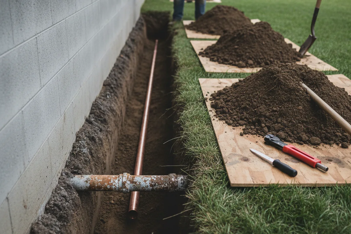 Excavated water line trench during Water Heater Repair in Shelby